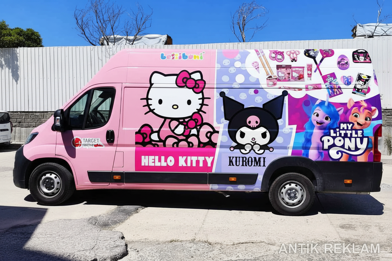 Target Trade araç giydirme pembe zemin Hello Kitty Kuromi My Little Pony dijital baskı mobil reklam uygulaması