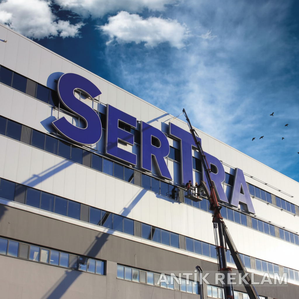 Sertrans büyük ölçekli kutu harf tabela lojistik bina cephe lacivert