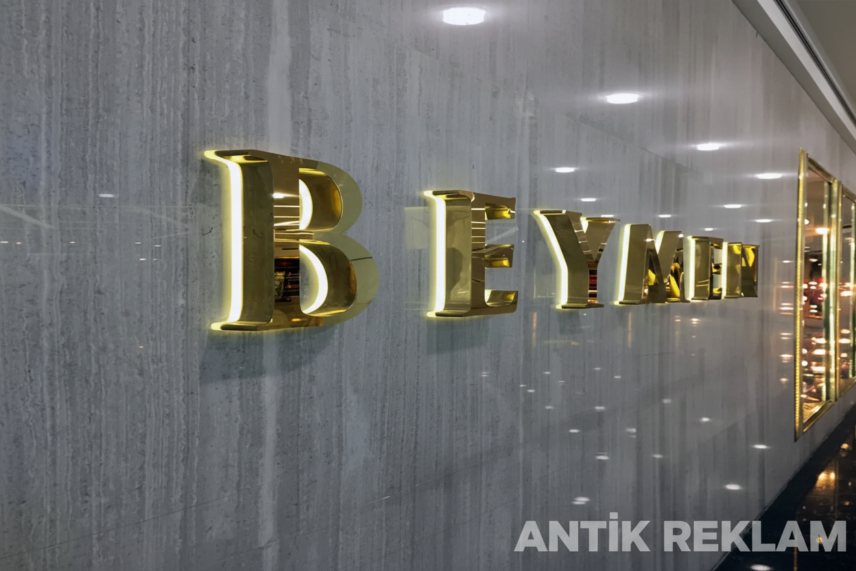 Beymen altın krom paslanmaz kutu harf iç mekan görünümü