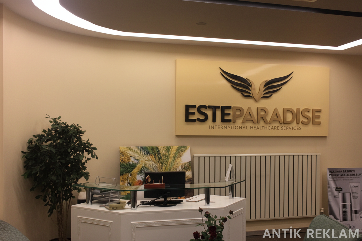 Este Paradise 3D harf resepsiyon tabela kanat logosu bej zemin sağlık merkezi iç mekan uygulaması