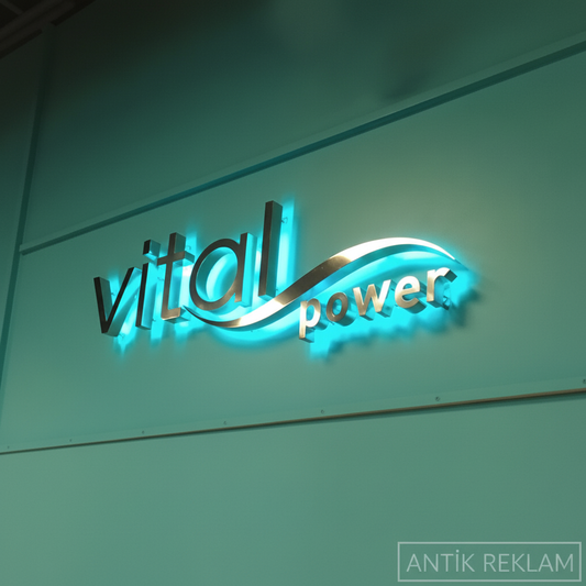 Vital Power paslanmaz kutu harf tabela endirek turkuaz halo aydınlatma iç mekan görünümü