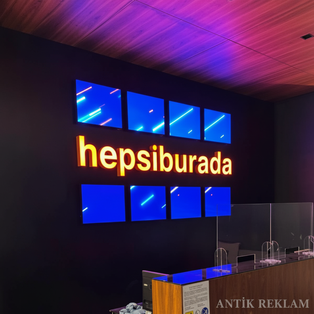 Hepsiburada LED ekran ve kutu harf tabela dijital iç mekan tabelası