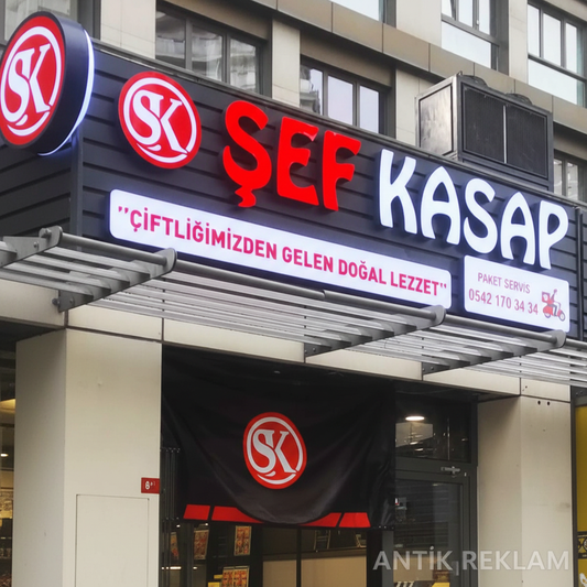 Şef Kasap ışıklı pleksi kutu harf cephe tabelası kırmızı beyaz LED görünümü