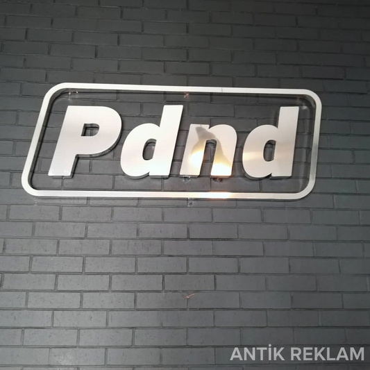 Pdnd paslanmaz kutu harf tabela beyaz paslanmaz çelik çerçeveli logo görünümü