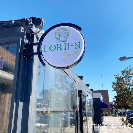 Lorien mağaza konsol tabela çift taraflı yuvarlak lightbox logo görünümü