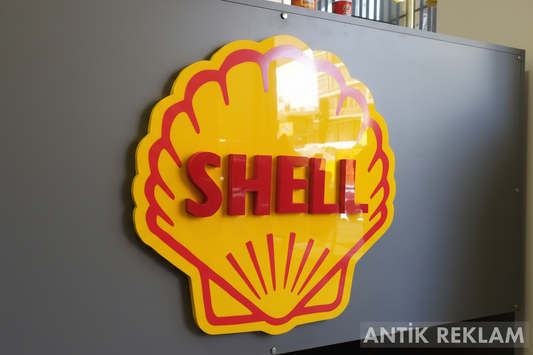 Shell 3D logo tabela deniz kabuk şekilli sarı kırmızı renk iç mekan uygulaması