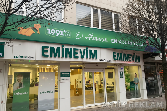 Eminevim yeşil kutu harf tabela cephe görünümü