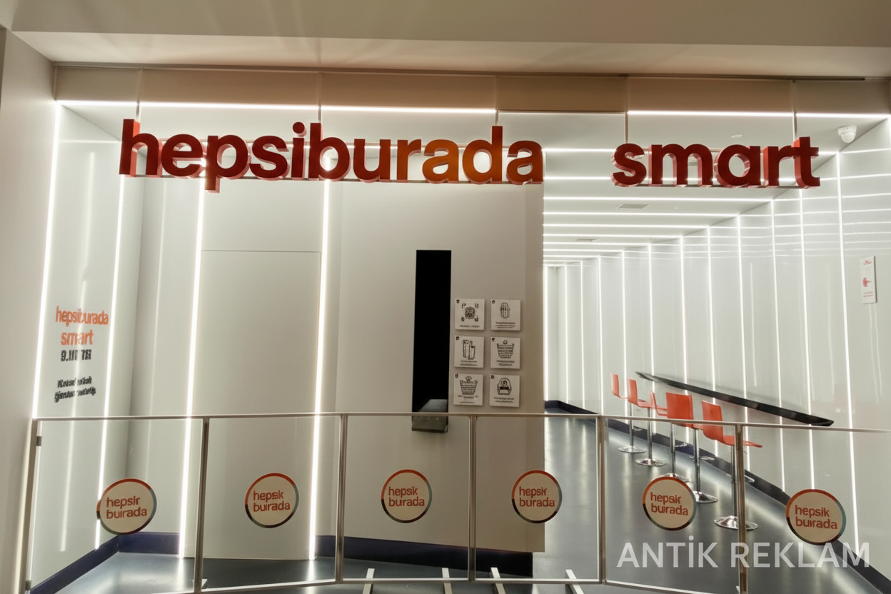 Hepsiburada Smart mağaza kutu harf tabela ışıklı iç mekan duvar görünümü