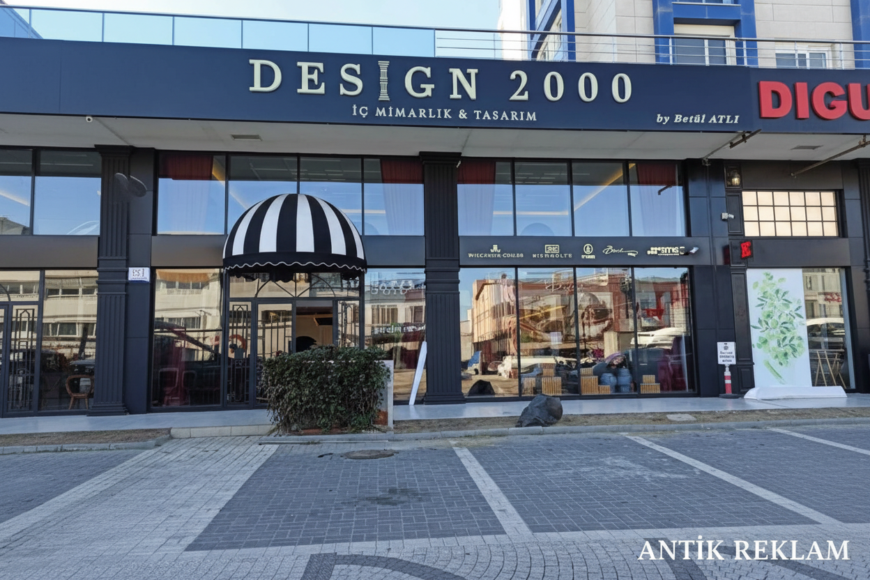 Design 2000 İç Mimarlık altın varaklı kutu harf cephe tabela lacivert zemin lüks dış mekan uygulaması
