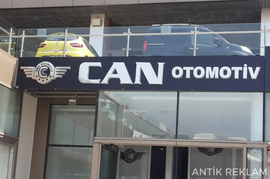 Can Otomotiv galerisi cephe kutu harf tabela ışıklı logo görünümü