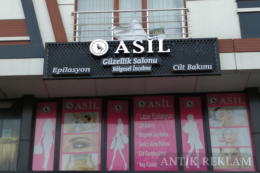 Asil güzellik salonu ışıklı kutu harf tabela dış mekan cephe görünümü