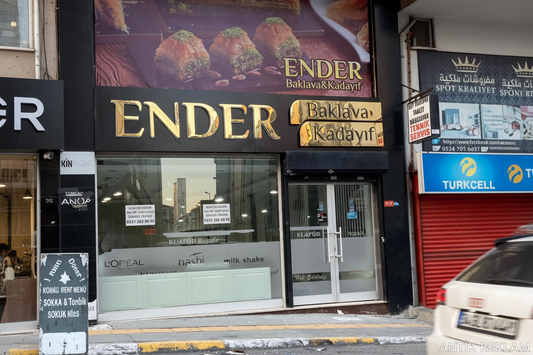 Ender Baklava Kadayıf cephe tabela altın kutu harf lightbox gündüz görünümü