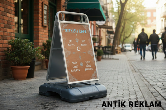 Turkish Cafe plastik reklam dubası A-pano kaldırım görünümü