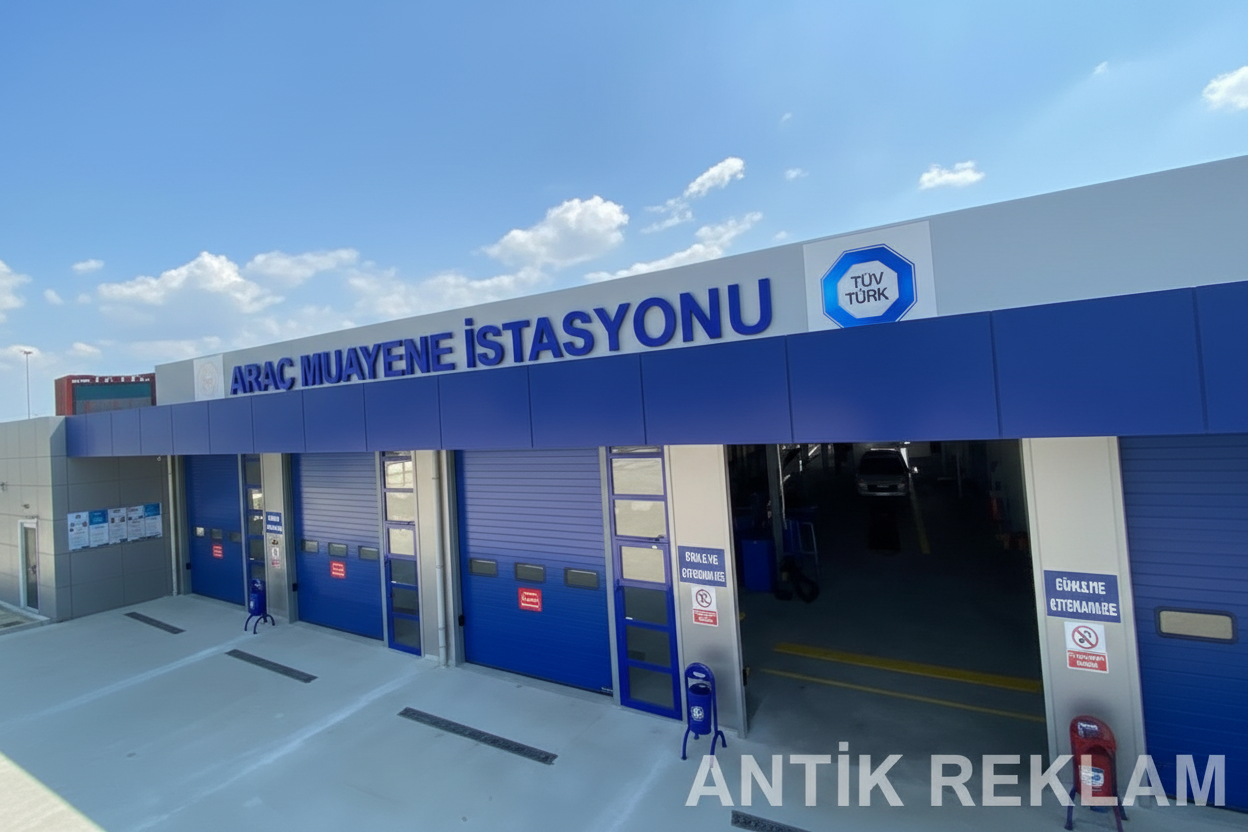 Tüvtürk araç muayene istasyonu kutu harf tabela cephe görünümü