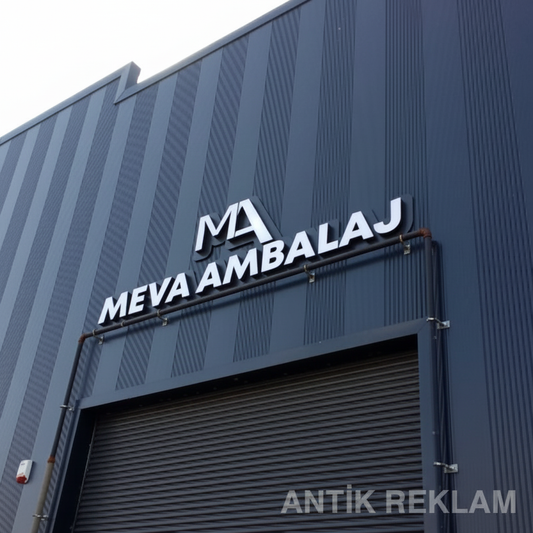 Meva Ambalaj elektrostatik boyamalı alüminyum kutu harf depo cephesi tabelası