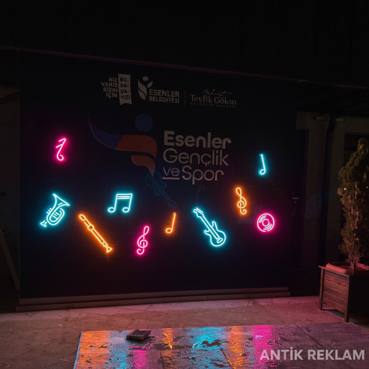 Esenler Belediyesi Gençlik ve Spor LED neon tabela müzik enstrümanları RGB renkli