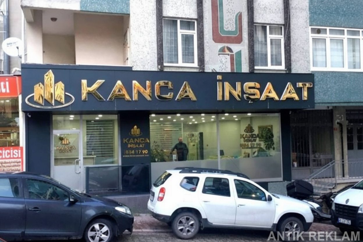 Kanca İnşaat gold paslanmaz kutu harf tabela görünümü