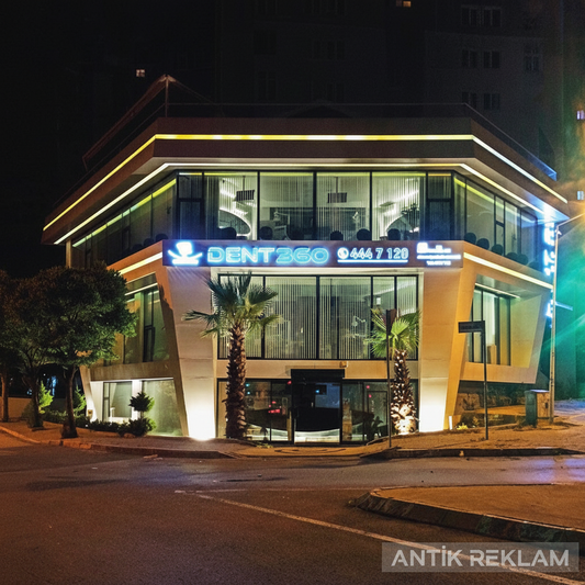 Dent 360 diş kliniği ışıklı pleksi kutu harf cephe tabelası mavi LED gece görünümü