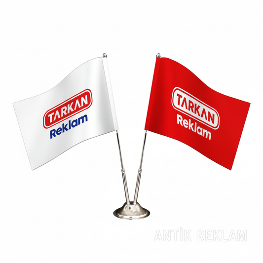 İkili masa bayrağı logolu çift bayraklı masa standı