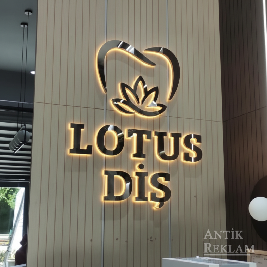Lotus Diş altın krom paslanmaz kutu harf ve logo iç mekan görünümü