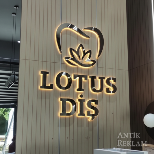 Lotus Diş altın krom paslanmaz kutu harf ve logo iç mekan görünümü